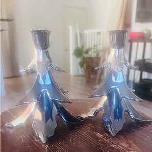 Vintage Christmas Tree Candle Holder Heavy metal Silver Set Of Two